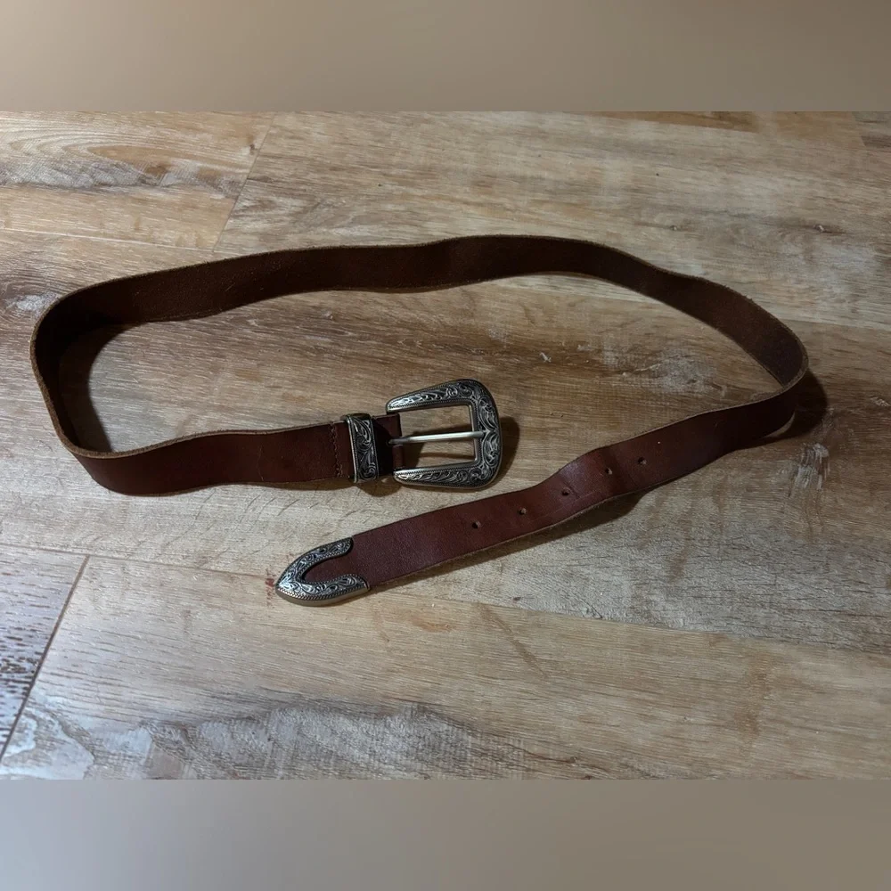 Urban Outfitters Brown Leather Belt with Engraved Silver Buckle